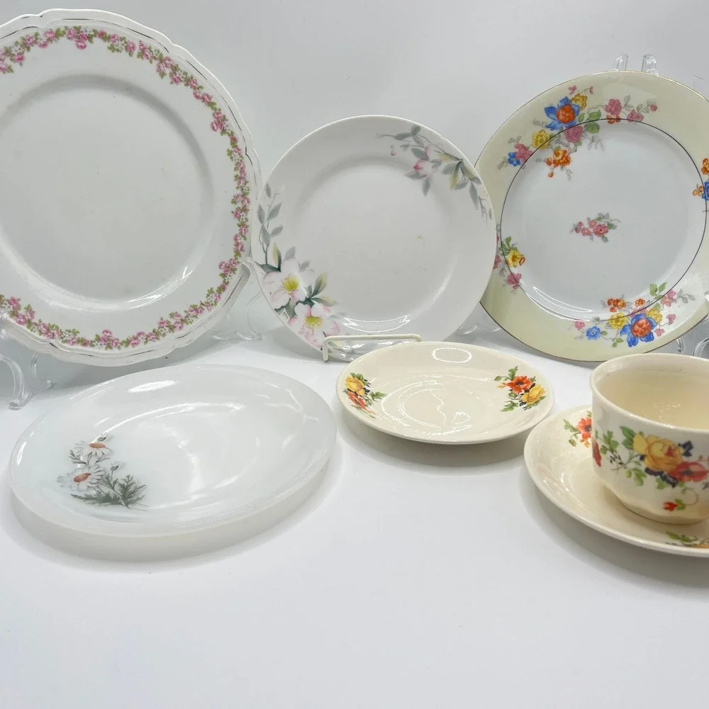 Antique Floral Dish Lot Mismatched Vintage Plates Teacup Saucer Milk Glass 7pc